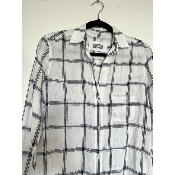 Grayson Anthropologie Size 1 (US XS) The Hero 100 Linen Plaid White Blue Button - Picture 2 of 6